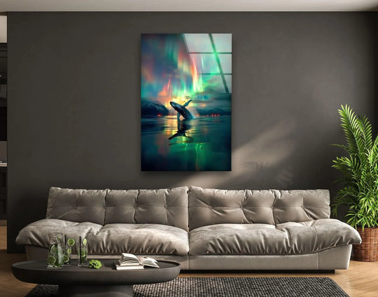 Dominant green hues illuminate a humpback whale breaching amidst a vibrant aurora borealis in this stunning glass wall art.