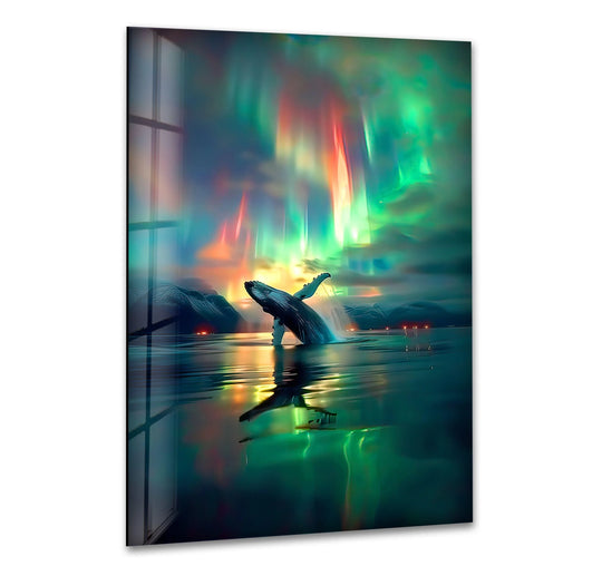 A whale breaches under a vibrant aurora borealis, reflected in cool, emerald-toned waters, a stunning piece of glass wall art decor.