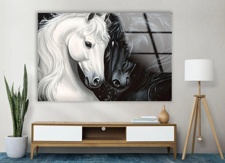 Monochrome equestrian artwork on glass featuring a white horse and black horse in harmony.