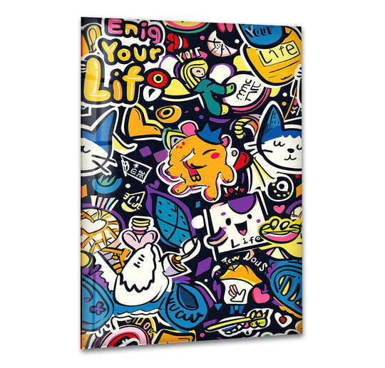 Vibrant cool art glass wall art showcases a busy collage of playful characters and text in sharp detail.