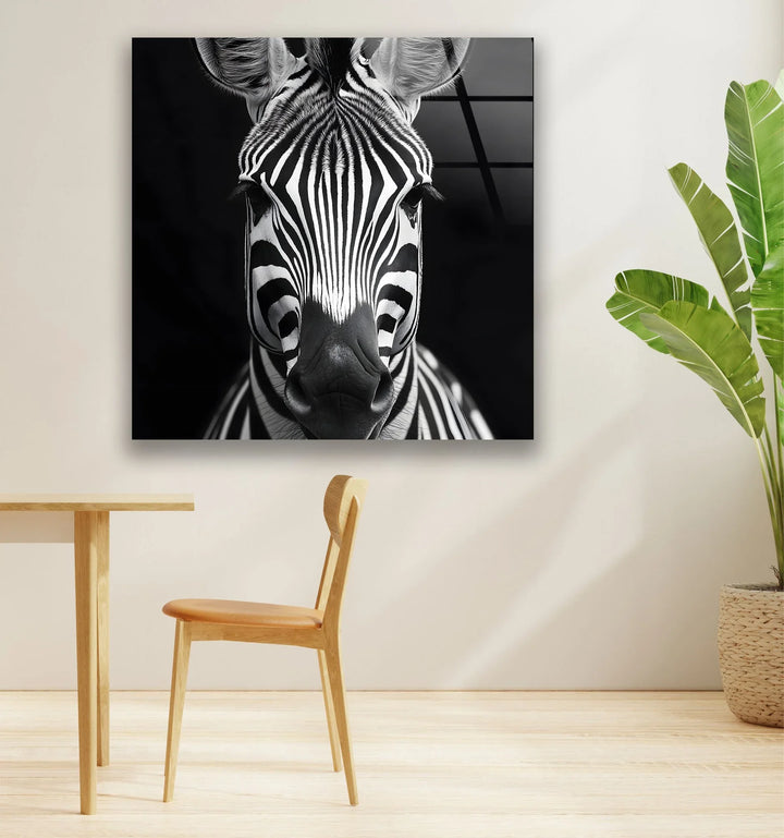 Grayscale zebra portrait on glass with bold black-and-white stripes and a dark minimalist background.