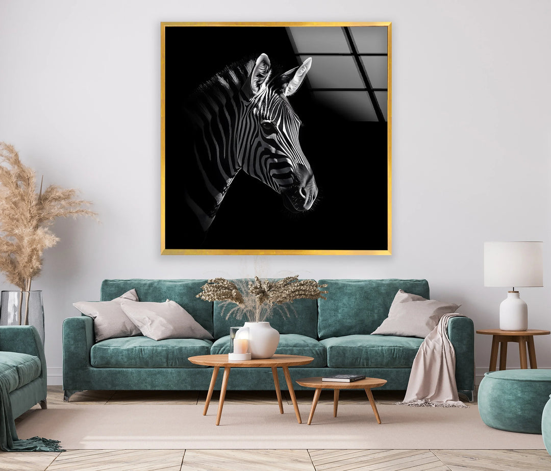 Dramatic black and white glass art of a zebra emerging from darkness.