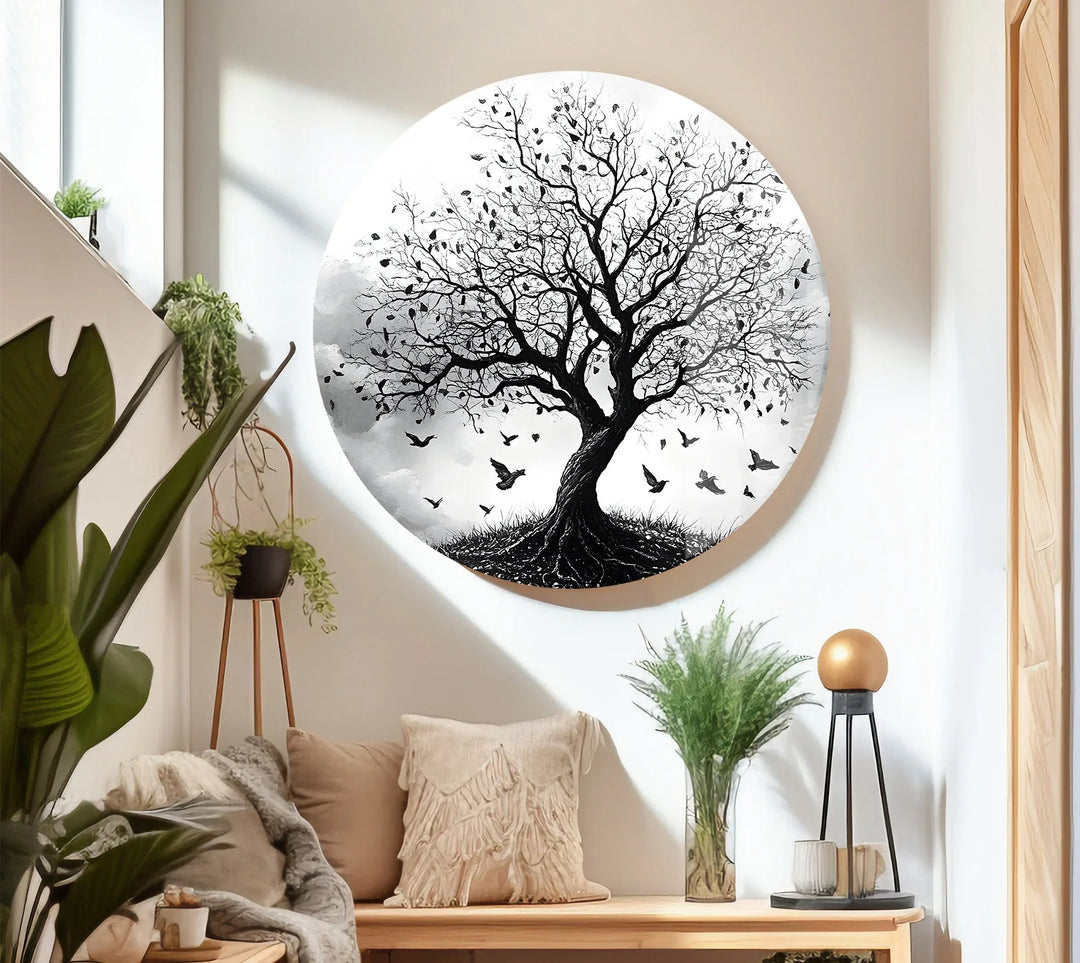 Minimalist grayscale landscape on tempered glass featuring a lone tree and birds flying freely.