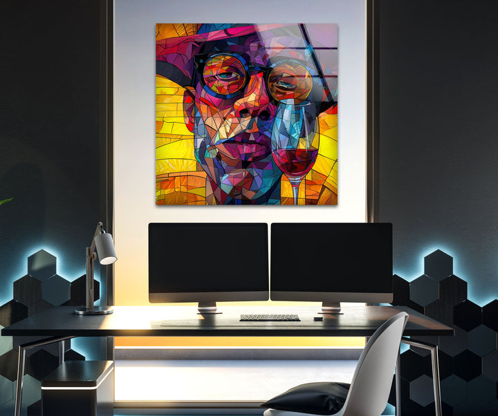 Wine Drinking Cartoon Glass Wall Art glass photo prints, glass picture prints
