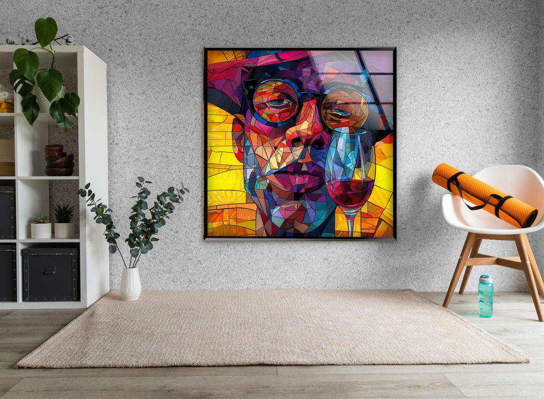 Wine Drinking Cartoon Glass Wall Art Glass Printing Wall Art, Print photos on glass
