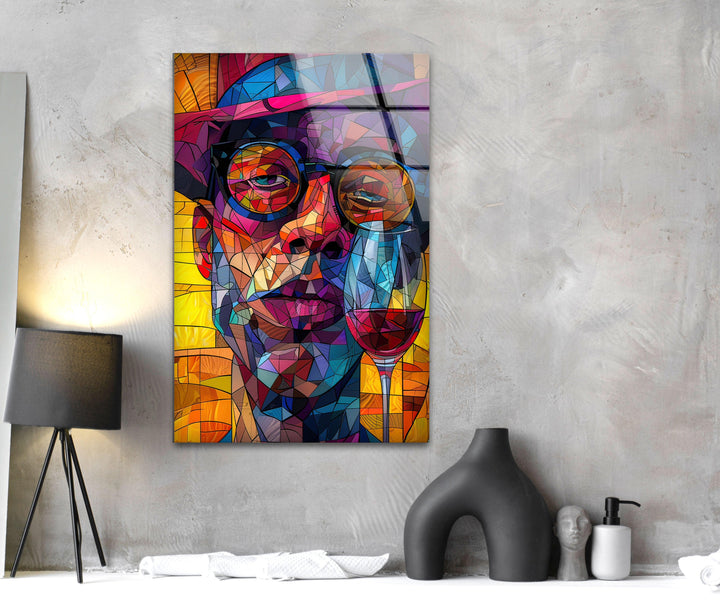 Wine Drinking Cartoon Glass Wall Art custom glass pictures, glass art prints
