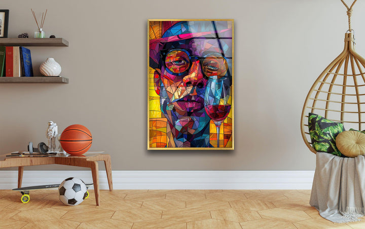 Wine Drinking Cartoon Glass Wall Art photo print on glass, prints on glass wall art

