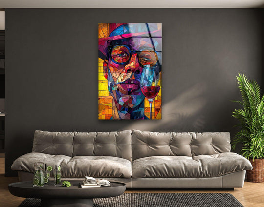 Vibrant stained glass home decoration art featuring a figure with a wine glass, set against ample negative space.