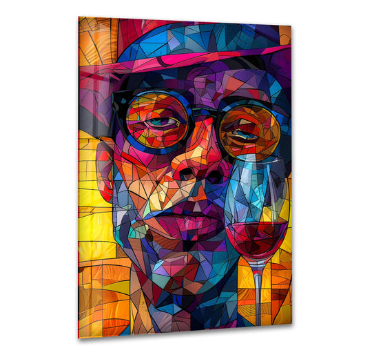 Cubist glass wall artwork features a vibrant portrait with a wine glass as the loudest, most colorful element.