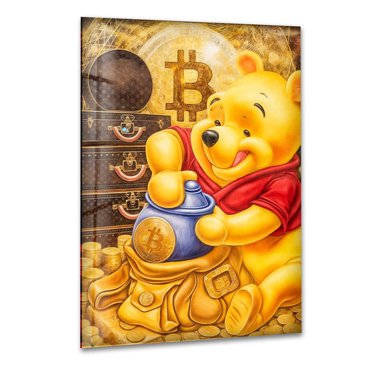 Joyful, whimsical Golden Honey Bitcoin Treasure tempered glass wall art evokes a mood of playful prosperity and financial fantasy.