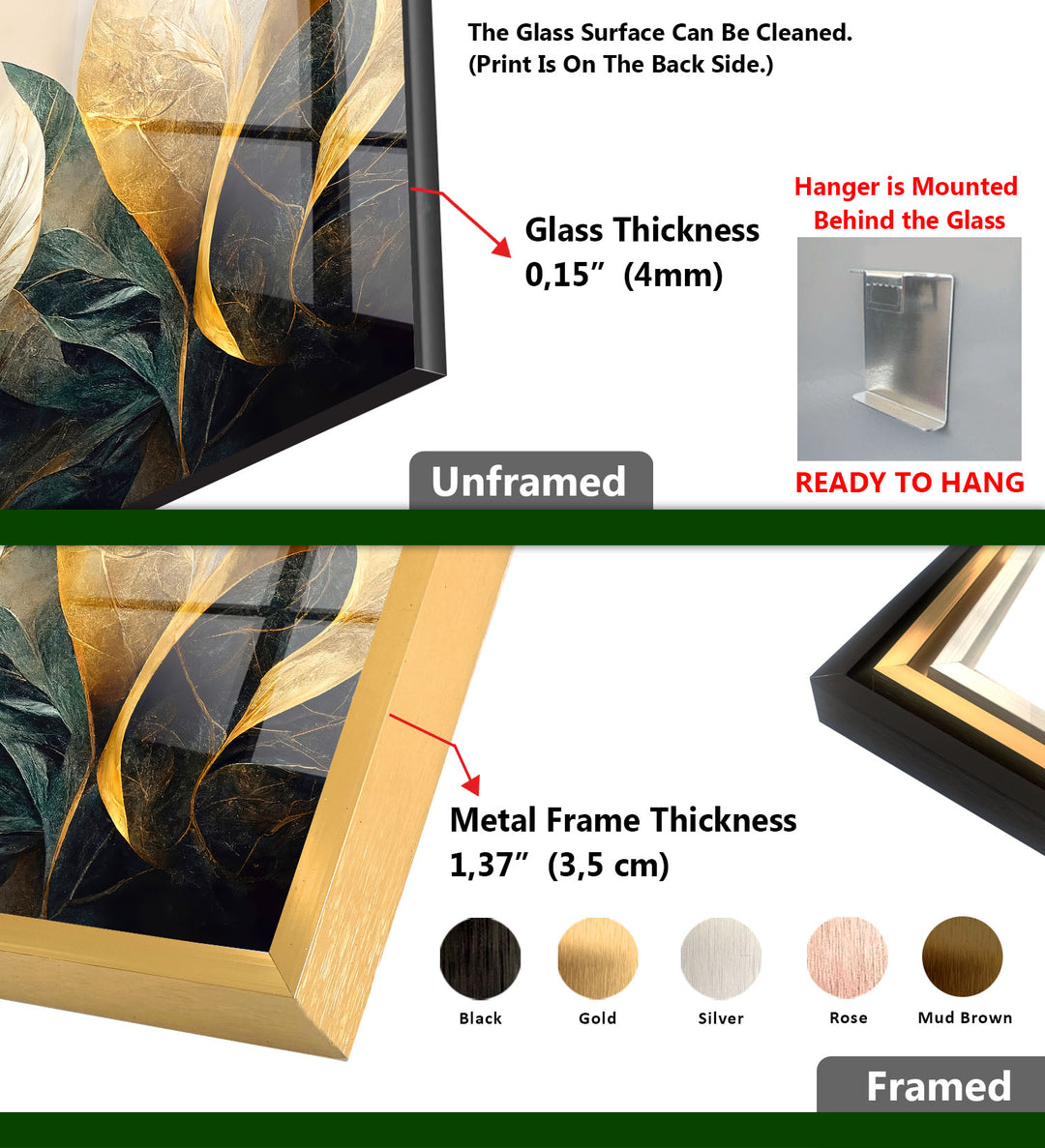 Goldene botanische Wandkunst – Luxuriöser floraler Glasdruck 
