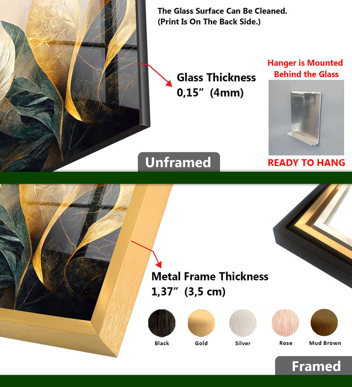 Goldene botanische Wandkunst – Luxuriöser floraler Glasdruck 