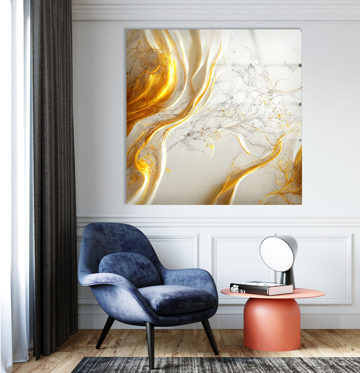 Golden Marble Flow Wall Art – Abstract Luxury Glass Print