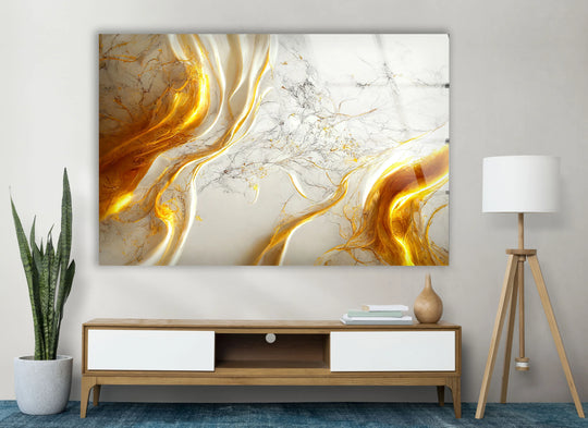 A luxury abstract glass print wall art with stunning golden marble textures and a high-quality finish.
