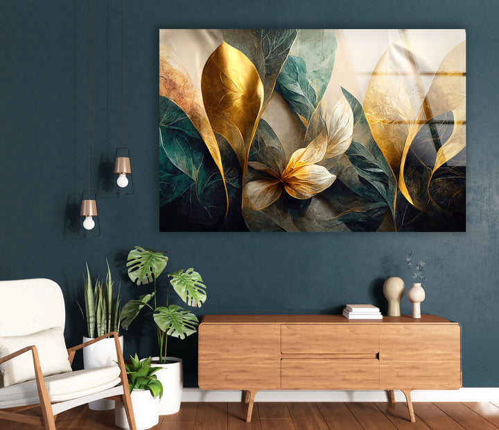 Goldene botanische Wandkunst – Luxuriöser floraler Glasdruck 