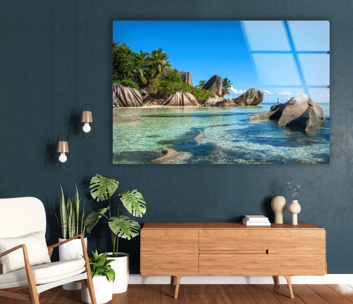 Tropical Rock Coast Wall Art – Crystal Blue Ocean Glass Print