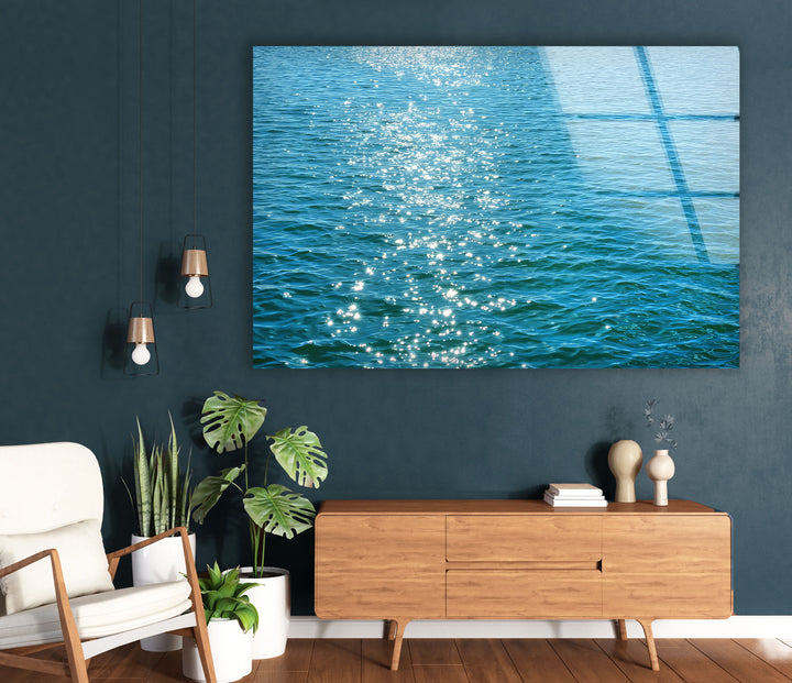 Sonnenbeschienene Meeresoberfläche Wandkunst – Minimalistischer Seeglasdruck 