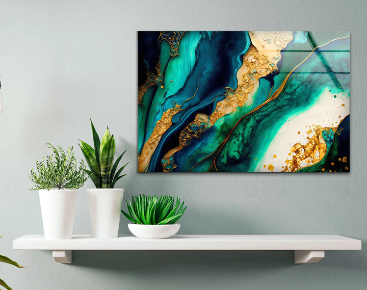 Ocean Gold Abstract Wall Art – Luxurious Glass Print in Deep Teal, Turquoise, and Metallic Gold for Elegant Interiors - MyPhotoStation
