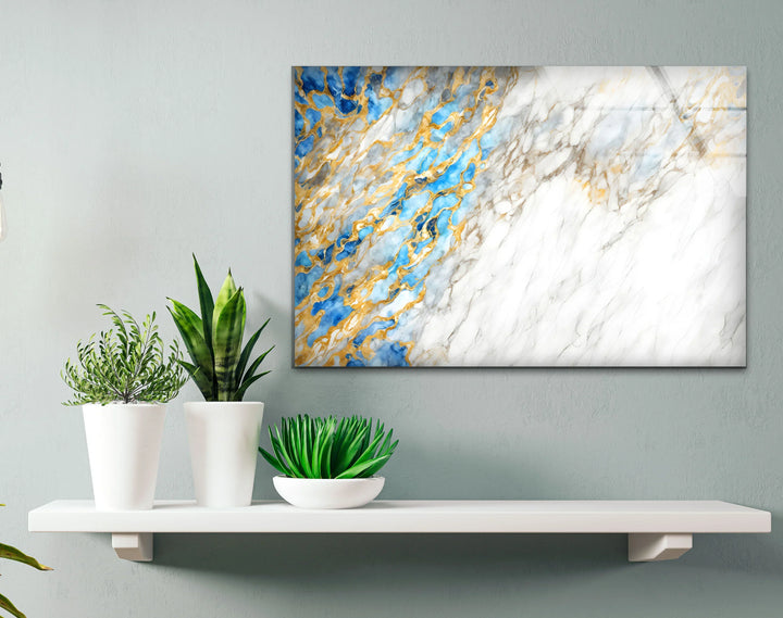 White Marble Abstract Wall Art – Elegant Glass Print with Blue and Gold Vein Accents for Luxe Modern Interiors - MyPhotoStation