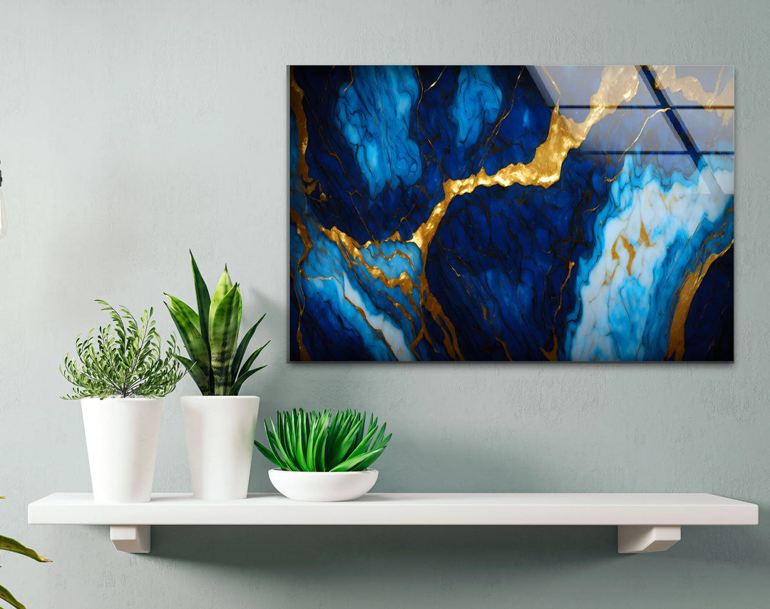 Blue Marble Gold Vein Wall Art – Luxurious Glass Print in Deep Navy and Metallic Accents for Elegant Modern Spaces - MyPhotoStation