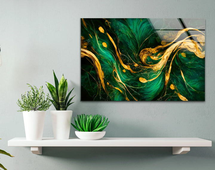 Green Gold Abstract Wall Art – Luxury Glass Print with Flowing Metallic Design for Modern Interiors - MyPhotoStation