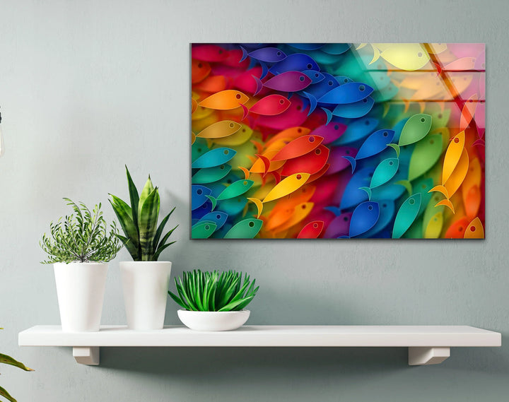 Rainbow Fish Wall Art – Colorful Glass Print with Vibrant School of Fish Design for Playful or Coastal Interiors - MyPhotoStation
