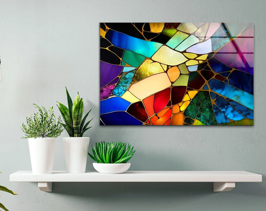 Vibrant glass printing showcases striking color contrast in a radiant abstract mosaic design.