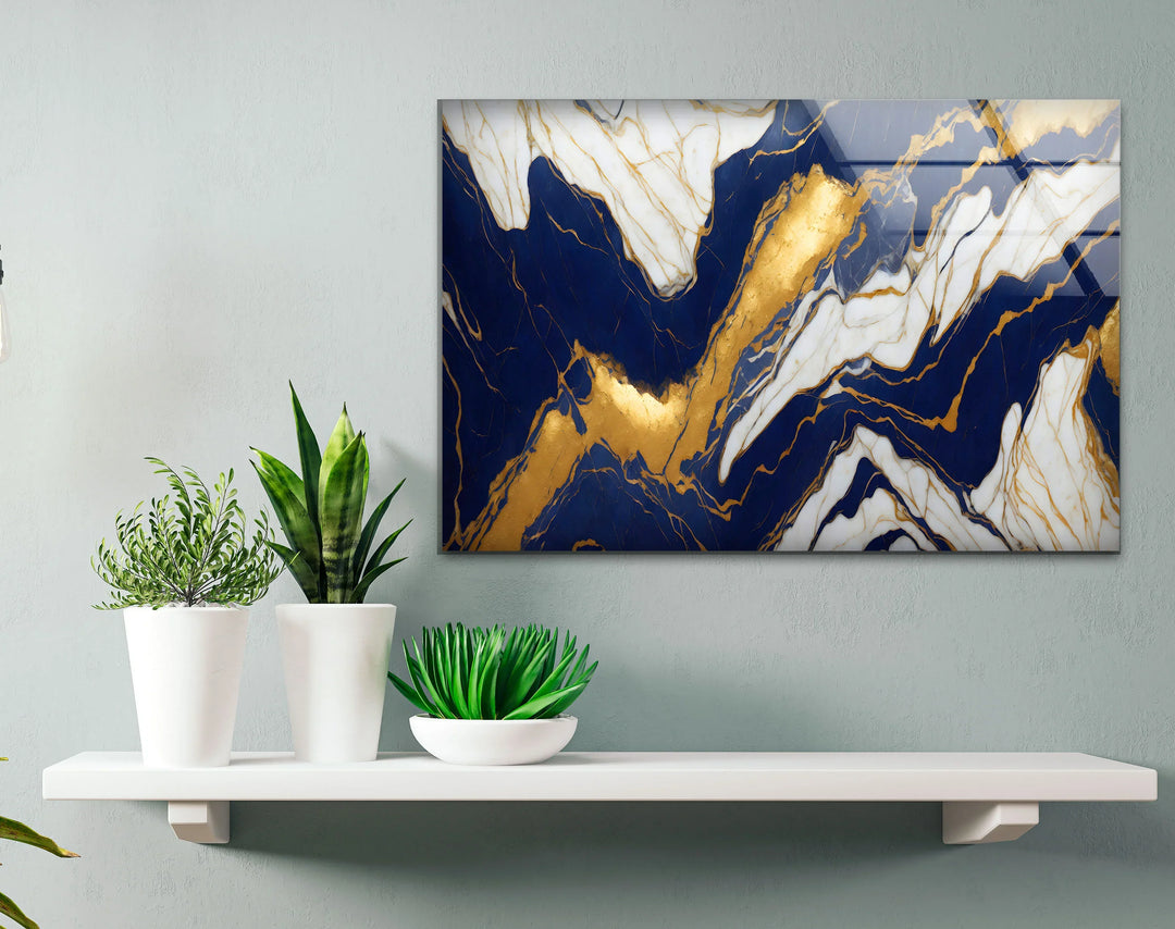 Navy White Marble Wall Art – Luxurious Glass Print with Gold Veins for Elegant and Modern Interiors - MyPhotoStation