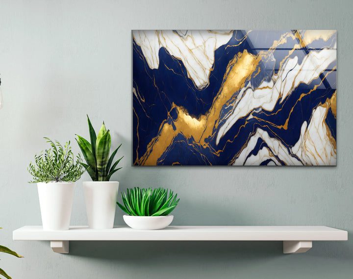 Navy White Marble Wall Art – Luxurious Glass Print with Gold Veins for Elegant and Modern Interiors - MyPhotoStation