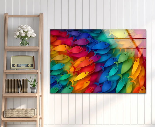 A vibrant school of rainbow fish in a chromatic wave pattern on this colorful glass print wall art.