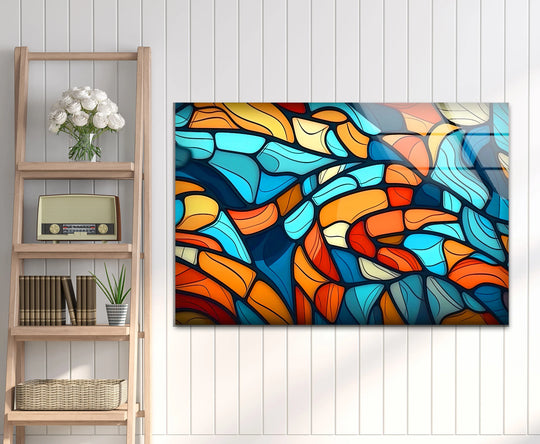 A dynamic mood is captured in this vibrant abstract blue and orange glass printing with mosaic-like patterns.