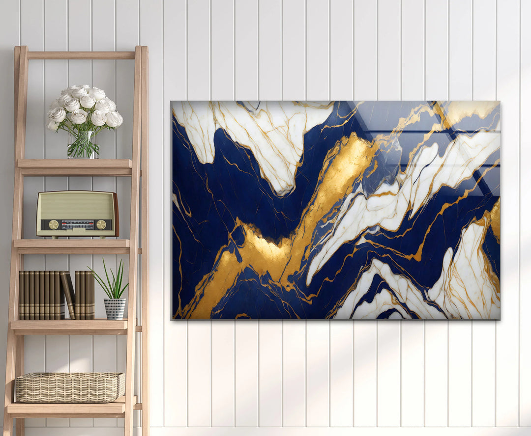 Navy White Marble Wall Art – Luxurious Glass Print with Gold Veins for Elegant and Modern Interiors - MyPhotoStation