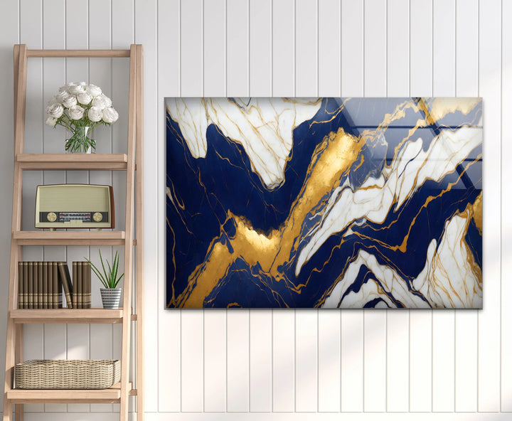 Navy White Marble Wall Art – Luxurious Glass Print with Gold Veins for Elegant and Modern Interiors - MyPhotoStation