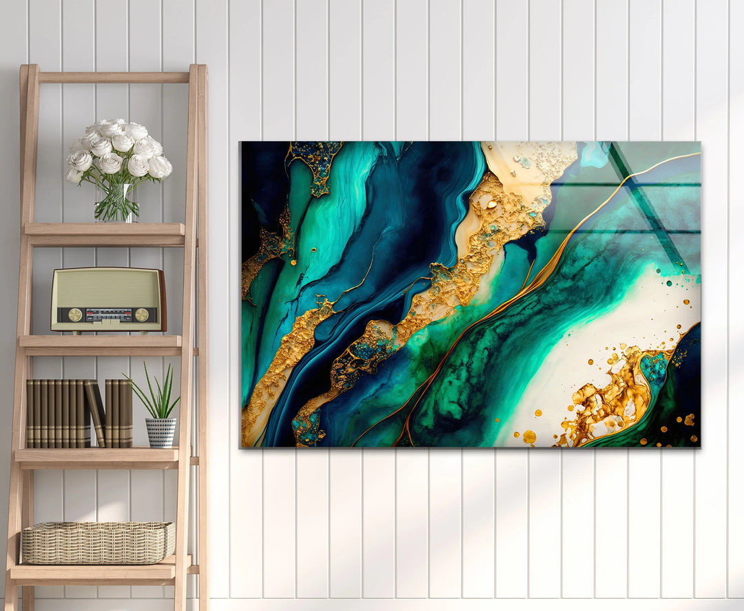Ocean Gold Abstract Wall Art – Luxurious Glass Print in Deep Teal, Turquoise, and Metallic Gold for Elegant Interiors - MyPhotoStation