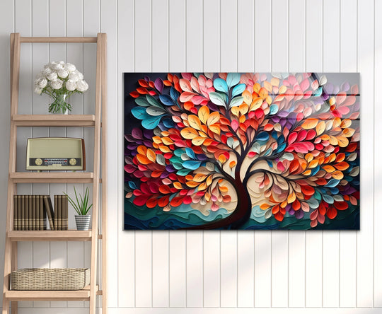 Colorful Tree of Life Wall Art – Vibrant Multicolor Glass Print with 3D Leaf Design for Modern Home Decor - MyPhotoStation