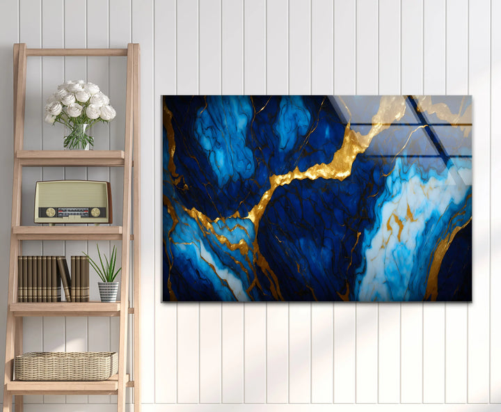 Blue Marble Gold Vein Wall Art – Luxurious Glass Print in Deep Navy and Metallic Accents for Elegant Modern Spaces - MyPhotoStation