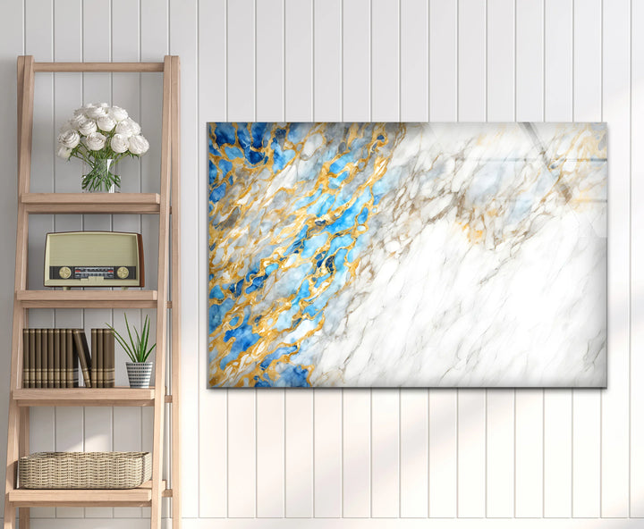 White Marble Abstract Wall Art – Elegant Glass Print with Blue and Gold Vein Accents for Luxe Modern Interiors - MyPhotoStation