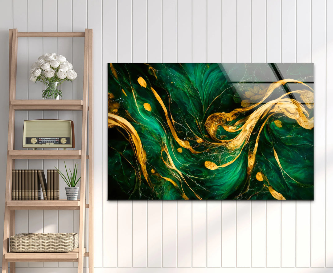 Green Gold Abstract Wall Art – Luxury Glass Print with Flowing Metallic Design for Modern Interiors - MyPhotoStation