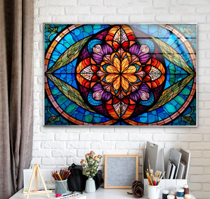 Stained Glass Mandala Wall Art – Colorful Symmetrical Glass Print for Boho, Spiritual, or Artistic Interiors - MyPhotoStation