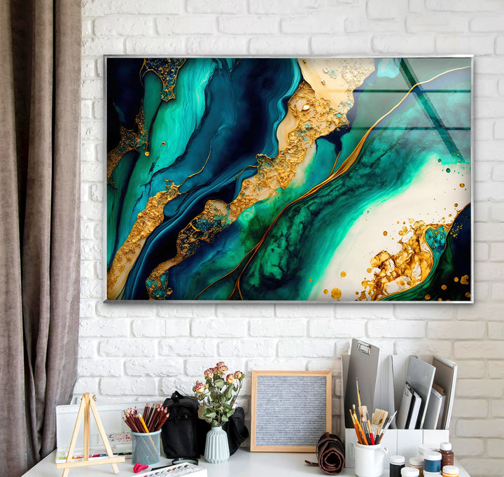 Ocean Gold Abstract Wall Art – Luxurious Glass Print in Deep Teal, Turquoise, and Metallic Gold for Elegant Interiors - MyPhotoStation