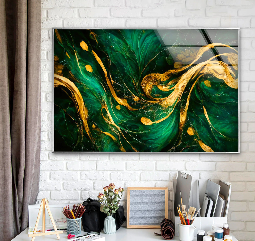Green Gold Abstract Wall Art – Luxury Glass Print with Flowing Metallic Design for Modern Interiors - MyPhotoStation