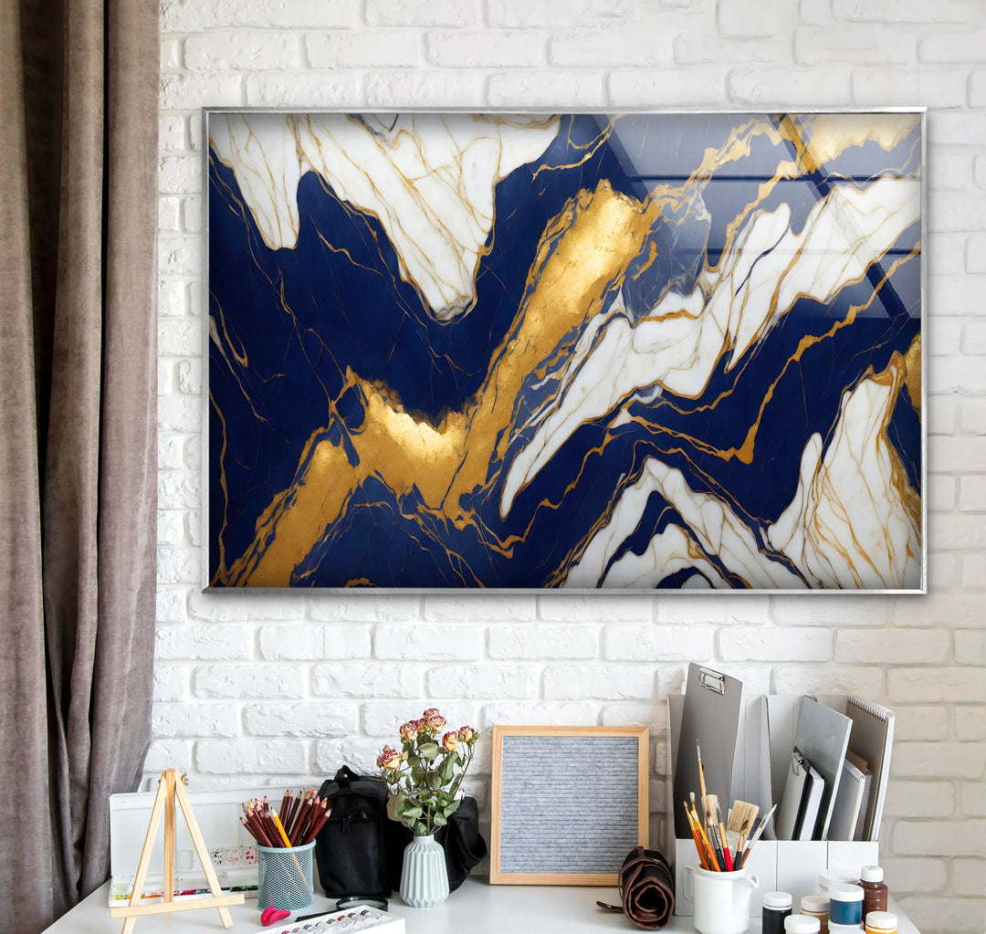 Navy White Marble Wall Art – Luxurious Glass Print with Gold Veins for Elegant and Modern Interiors - MyPhotoStation