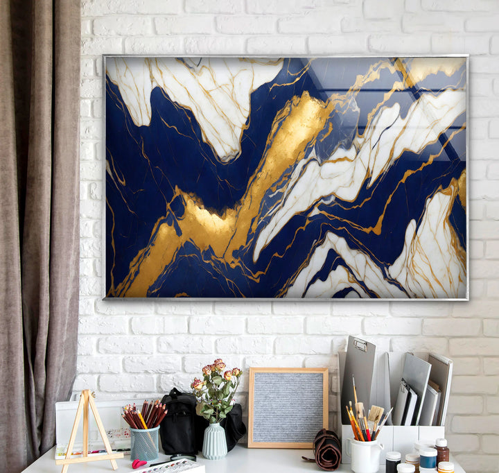 Navy White Marble Wall Art – Luxurious Glass Print with Gold Veins for Elegant and Modern Interiors - MyPhotoStation