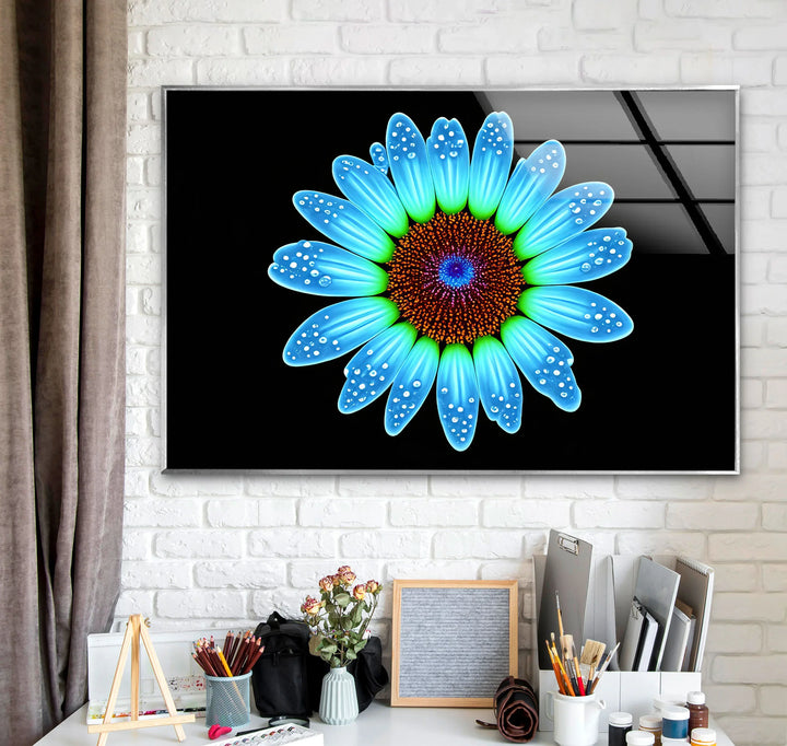 Blue Daisy Flower Wall Art – Luminous Glass Print on Black Background with Water Droplet Detail for Modern Interiors - MyPhotoStation