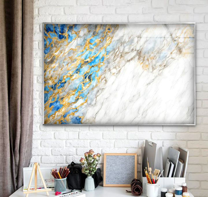 White Marble Abstract Wall Art – Elegant Glass Print with Blue and Gold Vein Accents for Luxe Modern Interiors - MyPhotoStation