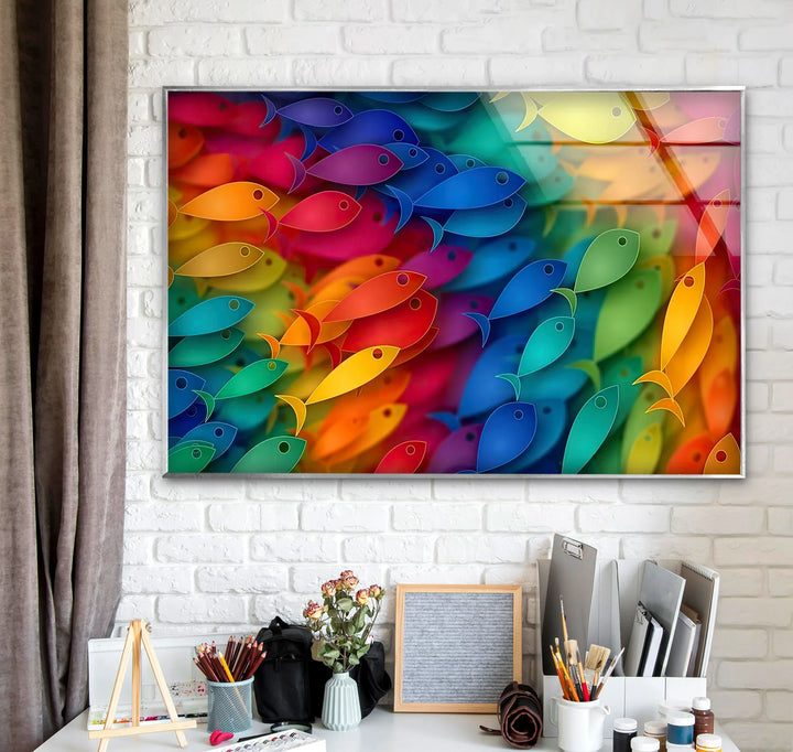 Rainbow Fish Wall Art – Colorful Glass Print with Vibrant School of Fish Design for Playful or Coastal Interiors - MyPhotoStation