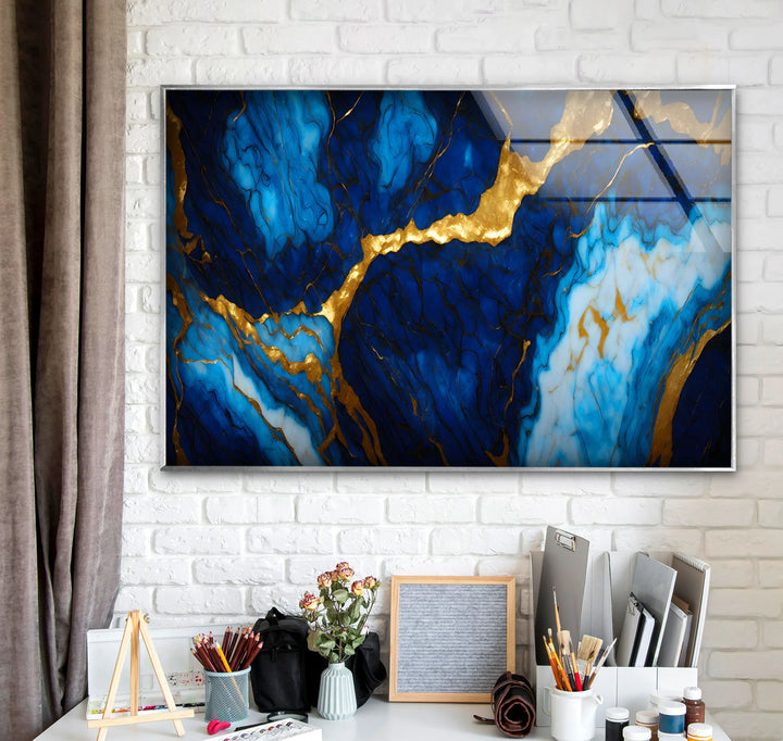 Blue Marble Gold Vein Wall Art – Luxurious Glass Print in Deep Navy and Metallic Accents for Elegant Modern Spaces - MyPhotoStation