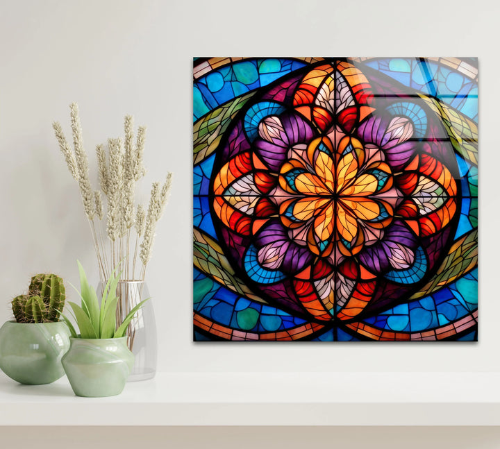 Stained Glass Mandala Wall Art – Colorful Symmetrical Glass Print for Boho, Spiritual, or Artistic Interiors - MyPhotoStation