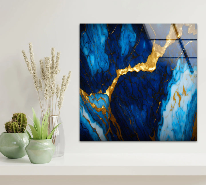 Blue Marble Gold Vein Wall Art – Luxurious Glass Print in Deep Navy and Metallic Accents for Elegant Modern Spaces - MyPhotoStation