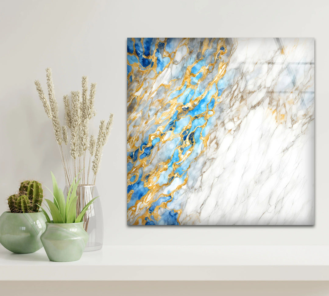 White Marble Abstract Wall Art – Elegant Glass Print with Blue and Gold Vein Accents for Luxe Modern Interiors - MyPhotoStation